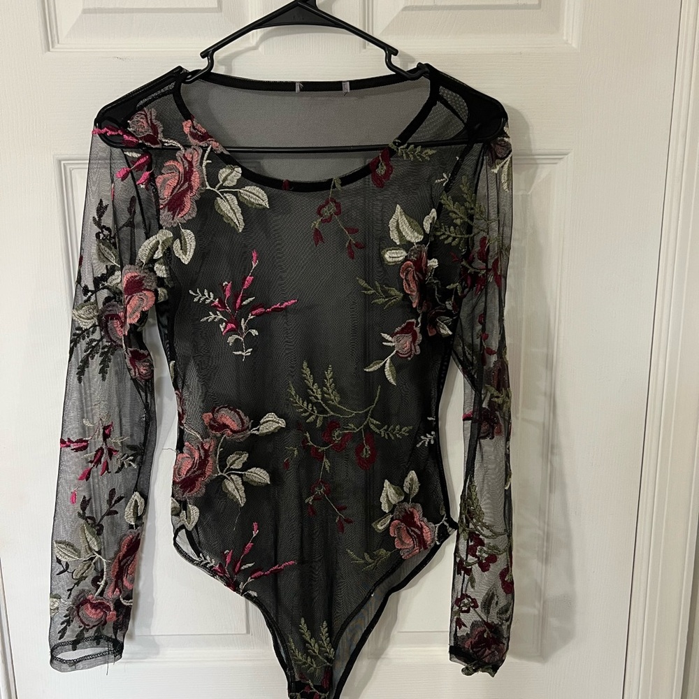 Floral Embroidered Black Mesh Bodysuit
